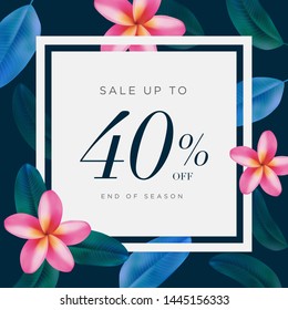 40% lettering handmade with leaves and flower tropical decoration. For Sale discount, Web Promotion, Poster Banner Background, Sign and symbol. Luxury unique style, Green color, Vector illustration