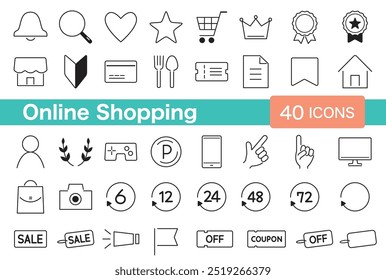 40 line drawing icons for online shopping