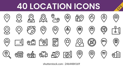 40 iconos de ubicación en estilo de línea incluyendo mapa, dirección, gps, brújula, ruta, ubicación del hospital, escuela, punto de pin, etc.