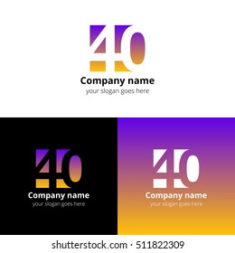 40 logo icon flat and vector design template. Monogram years numbers four and zero. Logotype forty with pink-yellow gradient. Creative vision concept logo, elements, sign, symbol for card,