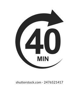 40 min countdawn sign. Fourty minutes icon with circle arrow. Stopwatch symbol. Sport or cooking timer. Delivery, deadline or duration pictogram. Vector graphic illustration.