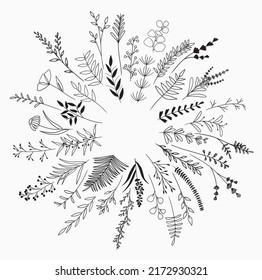 40 hojas minimalistas. Arte vectorial de línea negra simple. Hojas y flores naturales silvestres