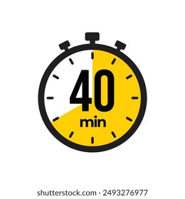 Temporizador de 40 minutos, reloj, cronómetro iconos aislados. Símbolo del temporizador de cuenta atrás. Tiempos de cocción de etiquetas. Temporizador de minutos, Medida de tiempo, Cronómetro, Alarma, Temporizador de cocina, etiqueta, pegatina, sello.  Ilustración vectorial