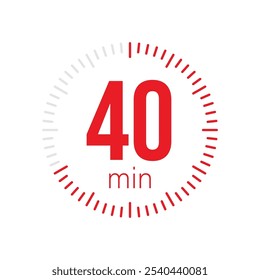 40 minute Timer, clock, stopwatch isolated icons. Countdown timer symbol. Label cooking time. Minute timer, Time measure, Chronometer, Alarm, Kitchen timer, label, sticker, stamp. Vector illustration