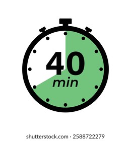 40 minute Timer, clock, stopwatch isolated icons. Countdown timer symbol. Label cooking time. Minute timer, Time measure, Chronometer, Alarm, Kitchen timer, label, sticker, stamp. Vector illustration