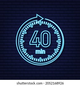 The 40 minutes, stopwatch vector neon icon. Stopwatch icon in flat style, timer on on color background. Vector illustration.