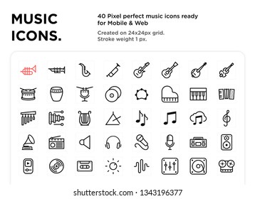 40 Music Icons, pixel perfect, created on 24x24px grid, ready for all mobile platforms, web and print, easy to change color or size 