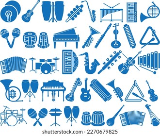 40 music instrument icon set, 40 musical icon set blue vector