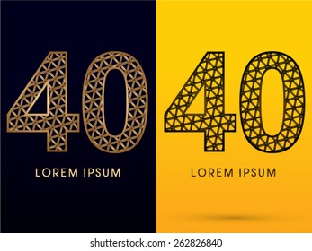 40 ,Number, Luxury font, designed using gold and black triangle geometric shape. on dark and yellow  background, sign ,logo, symbol, icon, graphic, vector.