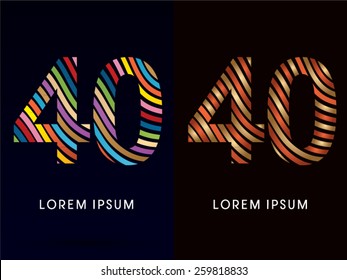 40 ,Number,colorful font and luxury font ,designed using colors line on dark background, concept move, wave, water, freestyle, happy, fun, joy, fantasy ,logo, symbol, icon, graphic, vector.