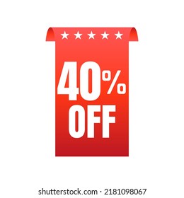 40% de descuento con 3 estrellas de descuento pegatina roja, super descuento. ilustración vectorial.
