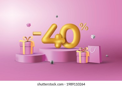 40% Off. 3D Gold Discount numbers on podium with shopping bag and gift box vector. Price off tag design on pink purple background vector illustration