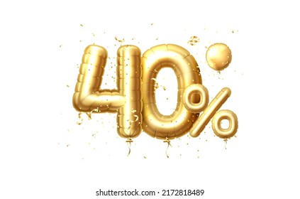 40 Off balloons, discount sale, balloon in the form of a digit, golden confetti. Vector illustration.