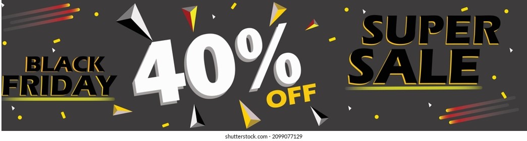 40 % Rabatt auf Banner. Modernes Banner 60 % Rabatt. Black Friday 3D-Briefe und Mega-Verkauf. Helles Social Media Banner kreatives Design. EPS10 Vektorgrafik.