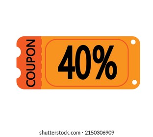 40% off coupon vector. Orange perforated coupon template on white background for stores