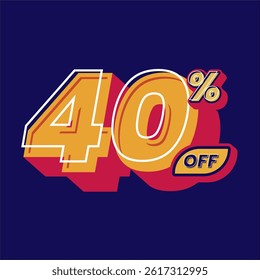 40% off discount banner design in a vibrant retro pop art style. Featuring bold typography with yellow red and navy color palette, perfect for marketing advertisements and social media content.