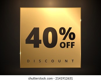 Banner de 40 descuento. Oferta especial 40 por ciento de descuento. Oferta de descuento de venta. Banner de promoción de lujo 40% de descuento en plaza dorada y fondo negro. Ilustración del vector