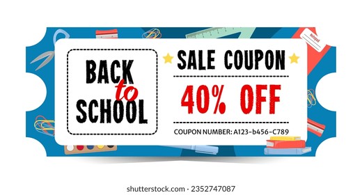 40% de descuento en plantilla de cupón para la venta de vuelta a la escuela. Cupón para la compra de material de oficina y escolar. Aislado sobre un fondo blanco.