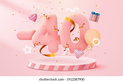 40% Off. Discount creative composition. 3d sale symbol with decorative objects, heart shaped balloons, golden confetti, podium and gift box. Sale banner and poster. Vector illustration. svg