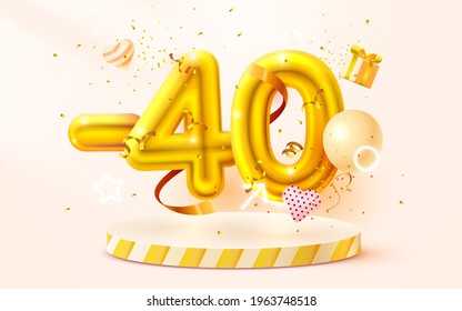 40% Off. Discount creative composition. 3d Golden sale symbol with decorative objects, heart shaped balloons, golden confetti, podium and gift box. Sale banner and poster. Vector illustration.