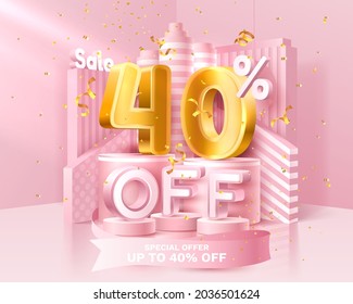 40% de descuento. Descubre la composición creativa. 3d símbolo de venta con objetos decorativos, confeti dorado, podio y caja de regalo. Cartel y afiche de venta. Ilustración vectorial.