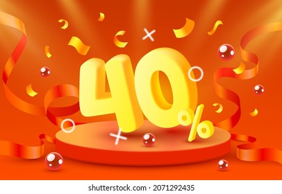40 Off. Discount creative composition. 3d sale symbol with decorative objects, golden confetti, podium and gift box. Sale banner and poster. Vector illustration.