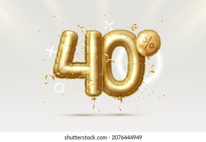 40 Off. Discount creative composition. 3d Golden sale symbol with decorative objects, heart shaped balloons, golden confetti, podium and gift box. Sale banner and poster. Vector illustration. svg