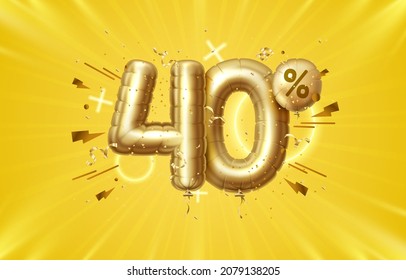 40 Off. Discount creative composition. 3d Golden sale symbol with decorative objects, heart shaped balloons, golden confetti, podium and gift box. Sale banner and poster. Vector illustration.