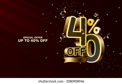 40 Off. Discount creative composition. 3d sale symbol with decorative objects, golden confetti, podium and gift box. Sale banner and poster. Vector illustration.