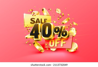 40 Off. Discount creative composition. 3d sale symbol with decorative objects, golden confetti, podium and gift box. Sale banner and poster. Vector illustration.