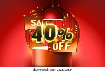 40. Descubre la composición creativa. 3d símbolo de venta con objetos decorativos, confeti dorado, podio y caja de regalo. Cartel y afiche de venta. Ilustración vectorial.