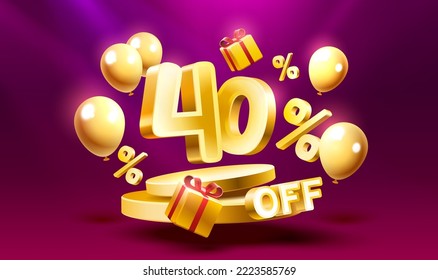 40 Off. Discount creative composition. 3d sale symbol with decorative objects, golden confetti, podium and gift box. Sale banner and poster. Vector illustration.