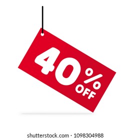 40% OFF Discount. Discount Offer Price Illustration. Simple Vector Discount Symbol. Red Tag Hanging on a Black String. White Background.