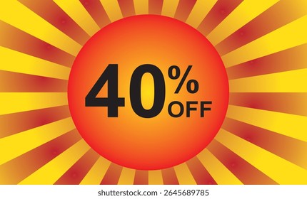 40 % de réduction. Remise sur votre prix. Numéro en couleur noire et arrière-plan composé d'un élément graphique représentant un soleil avec des rayons aux couleurs rouge et jaune..eps