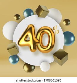 40 off discount promotion sale made of 3d gold text. Number in the form of golden balloons.Realistic spheres and cubes. Abstract background of primitive geometric figures.