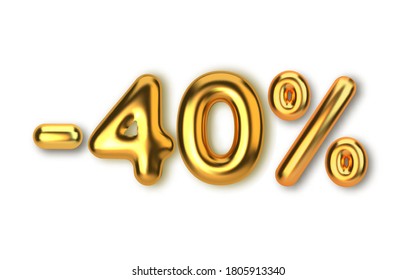 40 off discount promotion sale made of realistic 3d gold balloons. Number in the form of golden balloons. Template for products, advertizing, web banners, leaflets, certificates and postcards. Vector