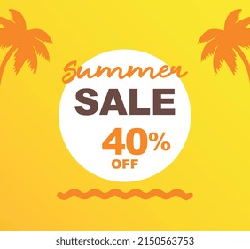 40% off discount for purchases. Vector illustration of promotion for summer sales. Coconut trees, sun, sea. Design for social media, banner, poster, ads, marketing, retail stores.