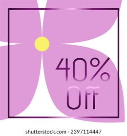 40% de descuento. Descuento. Marco púrpura con efecto metálico. Flor de lagarto al fondo.