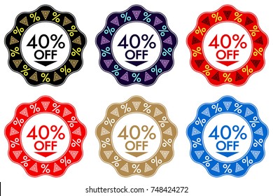 40% Off Discount Sticker. Set of Banner or Sticker Design with 40% Off Sale in Black, Dark-blue, Red, Golden and Blue color. Bright Design for Sales and Discounts of All Seasons