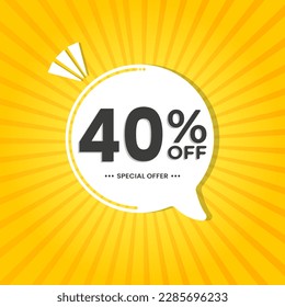40% off. Discount vector for sales, labels, promotions, offers, stickers, banners, tags and web stickers. New offer. White discount balloon emblem on yellow background.