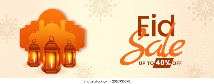 UP TO 40% Off For Eid Sale Banner Or Header Design With Silhouette Mosque And 3D Lit Lanterns.