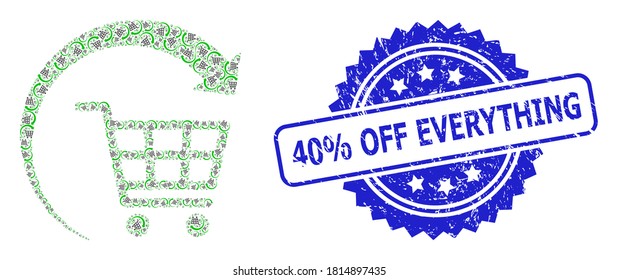 40% Off Everything corroded seal imitation and vector recursion mosaic repeat shopping cart. Blue stamp seal has 40% Off Everything text inside rosette.