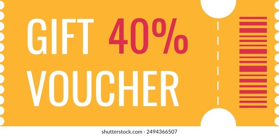 40% de descuento en cupones de regalo con código de barras. Venta de Cupón amarillo. Gran venta y super Ilustración vectorial de venta