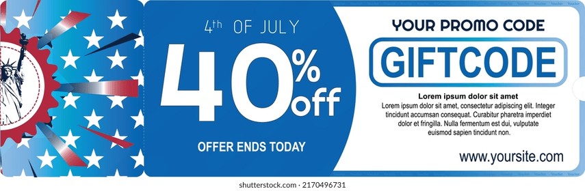 40% off Giftcode of 4th of july and independence day. Forty percent of discount. Flag colors, USA.