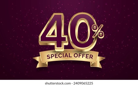 40% off, Gold discount sale ribbon, discount promotion 40%. Vector illustration