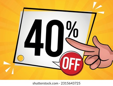 40% off -hand holding white tag with forty percent off. Vector illustration for sales with special offers for retail. Colors: black, red, yelow and Orange