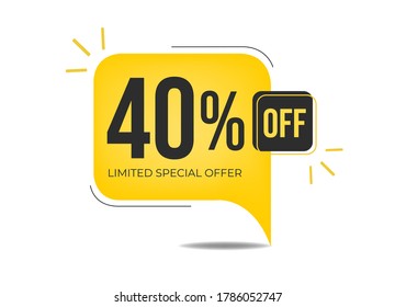 40% off limited special offer. Banner with forty percent discount on a yellow square balloon.