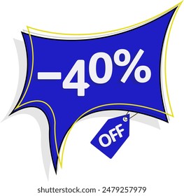 40% de descuento en la oferta especial limitada. Anuncio con un 40% de descuento en globo cuadrado azul, con detalle amarillo y etiqueta "off".
