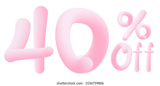 40% off. Numbers made of chewing gum. Bubble Gum text. Isolated on white background. Vector 3d font