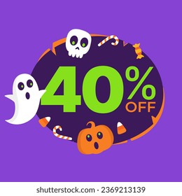 40% de descuento en Halloween. Ilustración vectorial de súper oferta en globo morado y anaranjado, además de halloween, fantasma, cráneo, calabaza e íconos de caramelo.